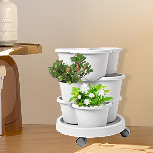 Genérico Macetas Apilables De Fresas, Torre De Jardín Vertical, Jardineras Exterior, Maceta Apilable Multicapa, Macetas Apilables con Ruedas Móviles Y Platillo Inferior para Interiores Y Exteriores