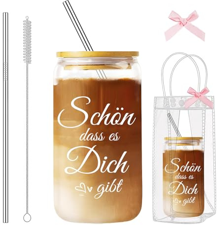 AuraFusion Geburtstagsgeschenk für Frauen, Trinkglas mit Deckel und Strohhalm, 16 oz, Bleifreies Glas, Inklusive Geschenkverpackung, Ideal für Cocktails, Saft und mehr