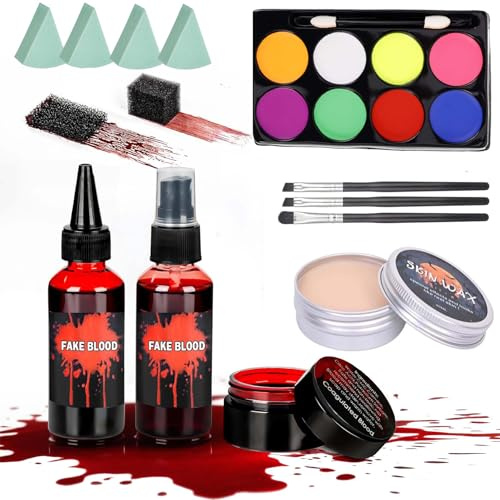 Halloween Schminke Set,Halloween Kunstblut,8 Farben Schminke Gesichts Make up,Gesicht Körperfarbe mit Kunstblut Scar Wax,Face Paint für Theaterschminke,für Fasching Zombies Vampire Cosplay