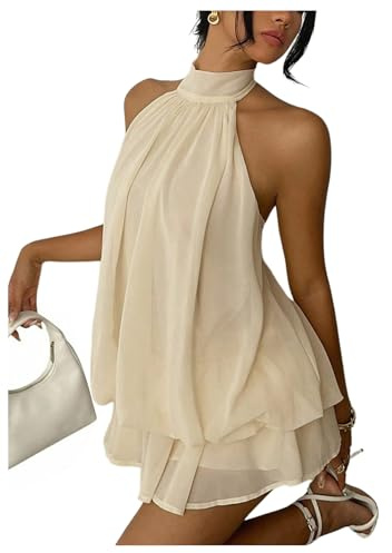 Verdusa Women's Chiffon Halter Drop Waist Flowy Wedding Guest Mini Dresses | Bouncy Dress, Sleeveless, Ruffle Hem, Loose Fit, Brunch Outfits, Birthday, Going Out, Cocktail, Y2k, Beige, Small
