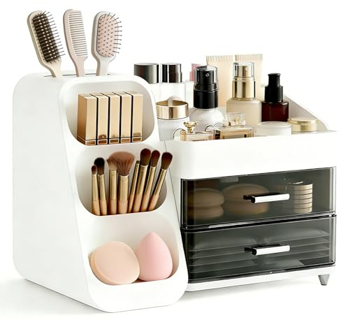 Make Up Organizer, Multifunktion Schminktisch Organizer, 3-in-1 Kosmetik Organizer, Schmink und Skincare Aufbewahrung Für Pinsel Lippenstift, Bad, Schlafzimmer (Weiß)