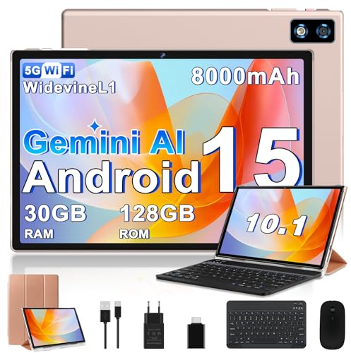 2026 Dernier Tablette 10 Pouces Android 15 Gemini AI, 30Go RAM + 128Go ROM (2To TF), Octa-Core 2,0GHz, 8000mAh, GMS & Widevine L1,GPS, WiFi 5G, BT 5.0, Tablette avec Clavier + Souris et Cas - Or