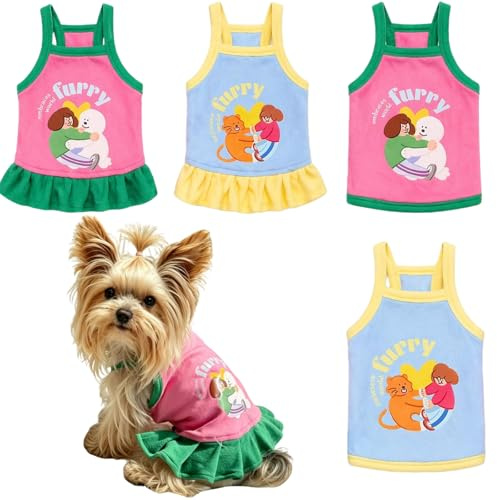 Yaopelky El juego de 4 piezas de ropa para perros pequeños incluye 2 vestidos para mascotas con volantes y 2 camisetas adorables para perro, trajes para cachorros, camisas de verano para mascotas