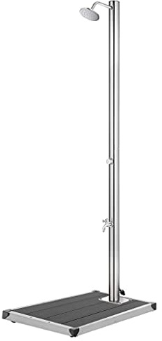 Kaloriko Doccia da giardino in acciaio inox con piastra di fondo in WPC grigia, altezza 220 cm, accessorio per piscina, doccia esterna per giardino, piscina e spa all'aperto, con accessori di