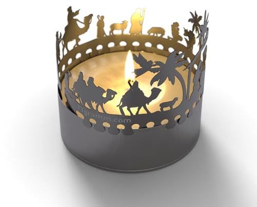 Krippe Orient Windlicht Schattenspiel Geschenk, 3D Edelstahl Aufsatz für Kerze inkl. Karte