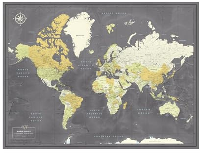 Weltkarte Pinnwand aus Leinwand – Detaillierte Pinnwand Weltkarte mit Pins zum Markieren von Reisen – Marine – (80x60 cm) – Pin Adventure Map Changed