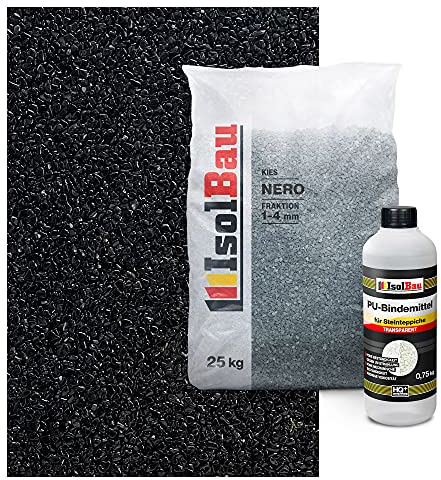 Isolbau Steinteppich Aussen Komplettset Marmorkies 25kg + Bindemittel bis 2,5m² Nero 1/4mm Epoxidharz, Terassenboden, Natursteinboden Marmorkies Bodenbelag, Steinboden, Marmorstein, Innen Außen