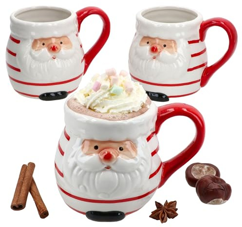 MamboCat 3er Set Kaffeebecher Kerstman I rot-weiß gestreift I 400 ml I Santa Claus, Christmas, X-Mas Time, Weihnachten I Gesicht vom Weihnachtsmann I Glühwein, Eierlikör, Punsch I Tasse I Steingut
