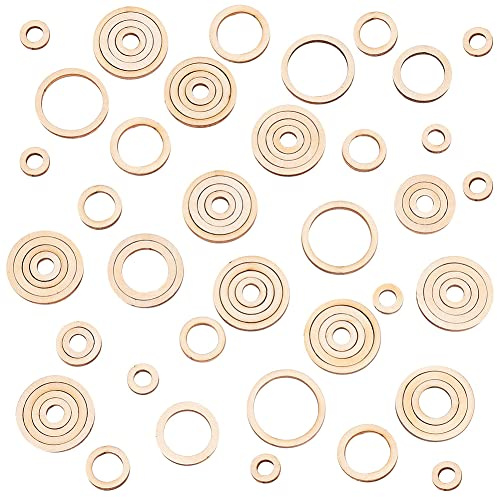 PandaHall 120pcs Anneaux de liaison ronds en bois Perles de disques en bois, 4 tailles Tranches de bois non finies vierges Ornements de cercle Pendentifs de charme en bois Anneaux de macramé