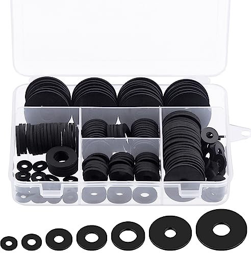 Glarks Kit di 175 rondelle piatte in gomma assortite, 7 misure, 10/12/16/18/20/25/30 mm, rondelle piatte e rotonde per idraulici, rondelle in gomma nera resistenti per smorzamento delle vibrazioni per