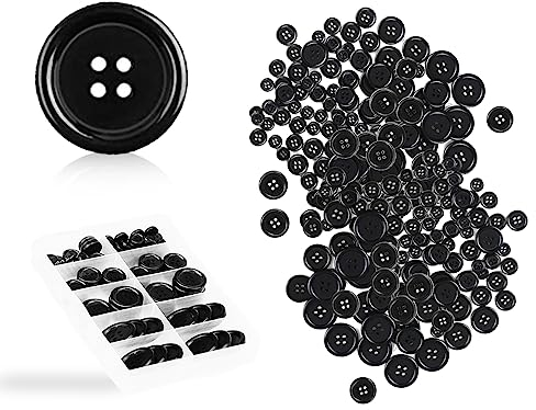 KAPSING 100 Stücke Schwarz Knöpfe Set, 4 Löcher Rund Kunststoff, Hemdknöpfe Kunststoffknöpfe, Kunstharz Nähknöpfe mit Aufbewahrungsboxen, Knöpfe für Kleidung(10/12.5/15/20/25mm)