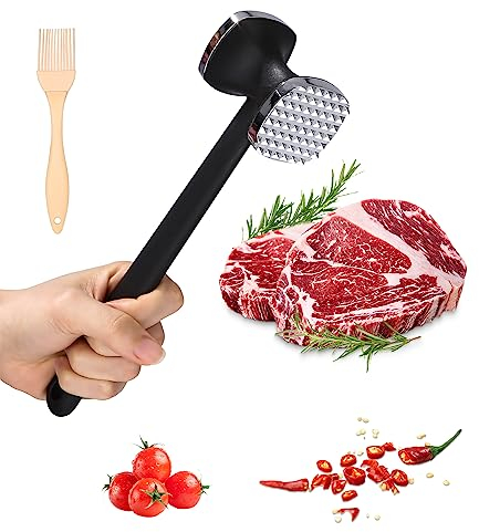 Jissta Batticarne, bifacciale, antiaderente, martello da carne, martello da bistecca, martello da affettatrice con manico antiscivolo per bistecca, pollo, maiale, costole, argento