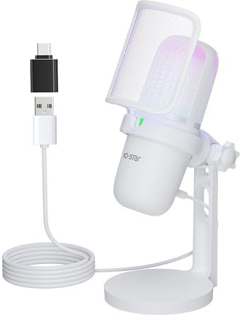 USB Microphone for PC, White Mini Computer Gaming Mic for PS4/PS5/Mac, Condenser With Quick Mute, RGB Streaming, Filter, Shock Mount, Recording for YouTube Titok