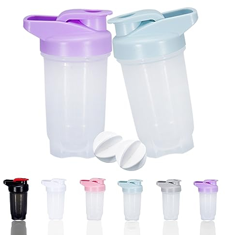 GAISHION Shaker Bottle Protein Shakes Cup e 10 oz/300 ml shaker bottiglia con frusta sfere, shaker per proteine, set di bottiglie, plastica senza BPA (blu + viola (2 pezzi)