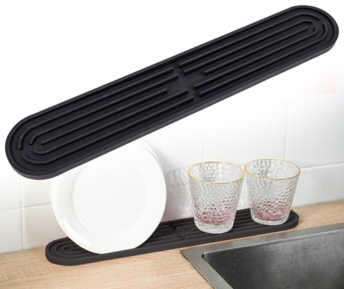 xiruiubao Abtropfmatte Schmal Barmatte, Verlängert Silikon Abtropfmatte Geschirr, rutschfest und Spülmaschinenfest Kleine Trockenmatte für Gläser Flaschen Schneidebrette, 43 x 7,5 x 1 cm, Schwarz