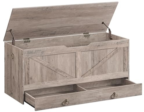 HOOBRO Storage Chest, 43.3 Toy Chest with Drawer, Wooden Storage Bench, Sturdy Entryway Bench Supports 220 lb, Shoe Bench, Safety Hinge, U-Shaped Opening, Easy Assembly, Greige BG711CW01G1