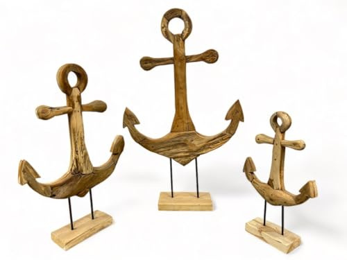 FaHome Handgefertigter Teakholz-Anker - Dekorative Skulptur - Hochwertige Handwerkskunst - Auf einem Sockel stehend (50 cm x 30 cm x 12 cm)