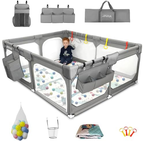 JINXIA Laufstall Baby 127x127cm,Laufgitter Baby mit atmungsaktivem Netz und Matratze, Extra großer Spielstall für Babys und Kleinkinder,robuster Sicherheitsspiel Yard für Innenspaß, xxl,Grau