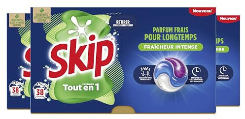 Skip Lessive liquide en capsules Fresh Clean 3 en 1, 114 lavages, résultat impeccable et fraîcheur longue durée, sans emballage plastique (lot de 3x38)