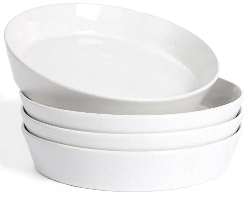 HaWare Pasta Bowls Set of 4, 34oz Salad Plates for Home Kitchen, Stackable Large Wide Ceramic Bowl for Serving Dinner, Microwave & Dishwasher Safe, Speckled Starlight White