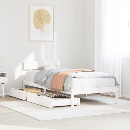 Homgoday Massivholzbett mit Schubladen Holzbett Bettrahmen Stauraumbett Schubladenbett Doppelbett Einzelbett Bettgestell mit Kopfteil für Schlafzimmer Weiß 90x200 cm Kiefernholz