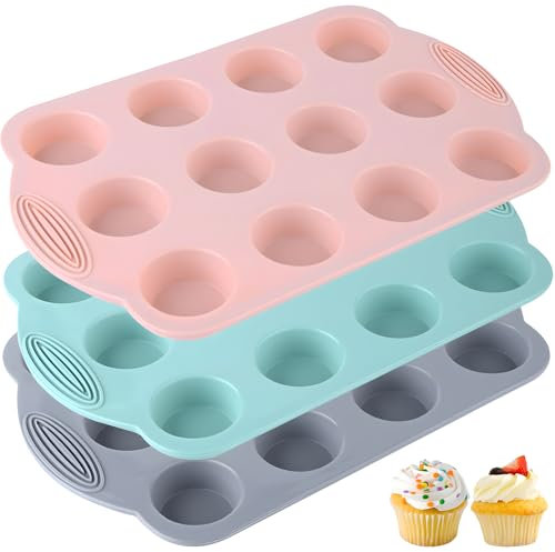 Veszoen 3 Pezzi Teglia Muffin Stampo Muffin Silicone Stampi per Muffin Rivestimento Antiaderente con 12 Stampi Muffin Stampo per Cupcake 30 x 19,5 x 2 cm per Muffin, Cupcake, Brownie, Budino