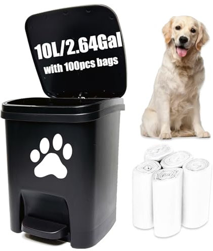 tebiete Dog Poop Waste Bag Container Dog Poop Trash Can Outdoors Pet Waste Station with Lid Dog Waste Disposal Container Bin Bucket Hands-Free Pedal Garden Yard Home with 100pc Waste Bags, Black