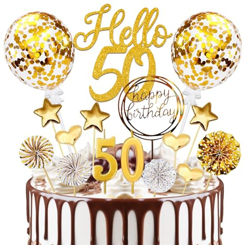 Tortendeko 50 Geburtstag Mann Frau, 20 Pcs Gold Kuchendeko 50. Geburtstag, Hello 50 Torten Deko mit Geburtstagskerzen, für 50 Geburstagstorte Deko