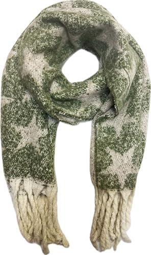 Jeamis XXL Stern Wendeschal Warmer Winter Wolle Schal Stola Tuch Übergangsschal Wolle mit Fransen Unisex Star (Grün)