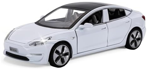 MODVKVK Tesla Model 3 1:32 Modellbil, leksaksbil med ljus & musik, dragfunktion, legeringsgjutning, Perfekt för barn från 3 år & samlare (Vit)