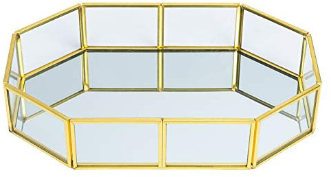 Vassoio da Portata in Metallo a Specchio con Finiture Dorate, Vassoio Porta Decorativo Organizzatore di Gioielli Cosmetici Vetro per Bagno, Cassettiera, Camera da Letto, Soggiorno