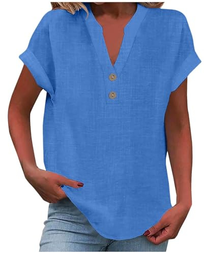 RLEHJN Chemisier Femme Chic Et Élégant Chemisie En Coton Lin Col En V Bouton Manches Courtes Tops Tuniques De Base T-Shirt Blouses Couleur Unie Lâche Respirant T Shirts Vetement En Lin Soldes 2025