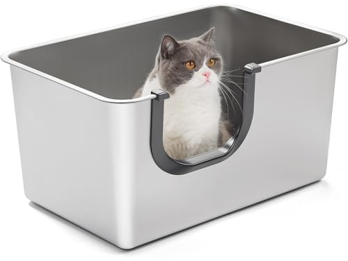 Yangbaga XXL High Sided Stainless Steel Litter Box for Cats | Extra Large Metal litter Box for Big Cats,Prevent Urine Leakage,Easy to Clean,Odor Control,Non-Stick,Open top