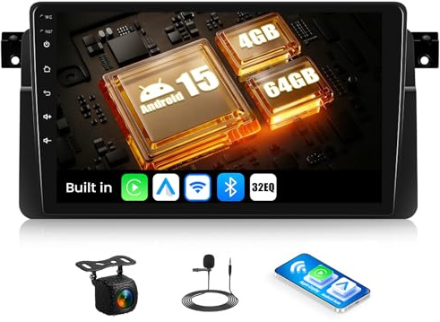 SIXWIN 4+64G Android 15 Radio Coche para BMW 3er E46 1999-2005,9 Pulgadas Pantalla Táctil con WiFi GPS Bluetooth 5.0 FM RDS Radio USB 32EQ Controles del Volante con Cámara Trasera