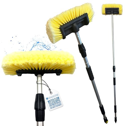 Water Flow Car Wash Brush Long Handle - 2 Section Telescopic Pole - 191 cm Extendable Soft Bristle Brush - Car Cleaning Kit with Built-In Hose Attachment for Cars, Vans, Lorries, and Caravans