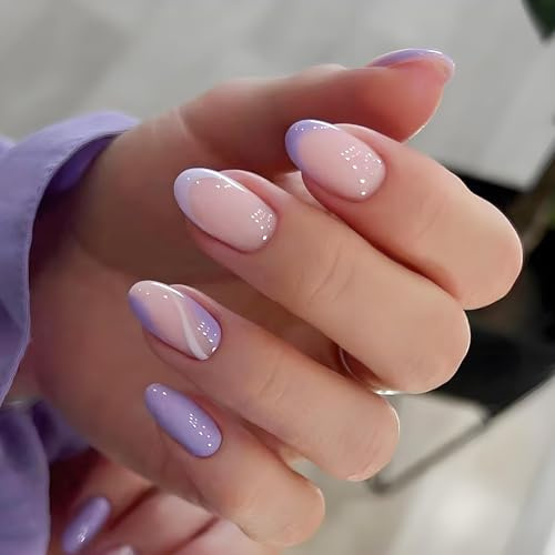 Lot de 24 faux ongles à presser violets à bout français en amande avec motif tourbillon, couverture complète brillante, colle forte incluse, 12 tailles personnalisées, manucure réutilisable