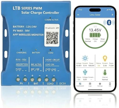 10 A Bluetooth-Solar-Ladegerät-Controller, 12 V/24 V, intelligenter Regler, Solarmodul-Batterie, Ladestatistik, PWM mit USB-Anschluss, 12 V, 24 V, Blei-Säure-/Lithium-Batterie