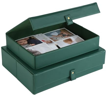 HofferRuffer Foto-Aufbewahrungsboxen mit staubdichtem Deckel, Set mit 2 Kunstleder-Aufbewahrungsbehältern, für Fotos, Schmuck, Scrapbooking, Andenken, Organizer für elegante Heim- und Bürodekoration