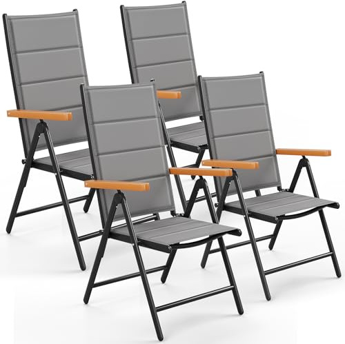 LIFERUN Gartenstühl Hochlehner Klappbar, 4er Set Aluminium Balkonstuhl, WPC Armlehnen, mit Gesteppte Rückenlehne & Sitzfläche,7-Fach Verstellbar,Bis 120 kg, Outdoor Esszimmerstuhl, Grau, 4 PCS