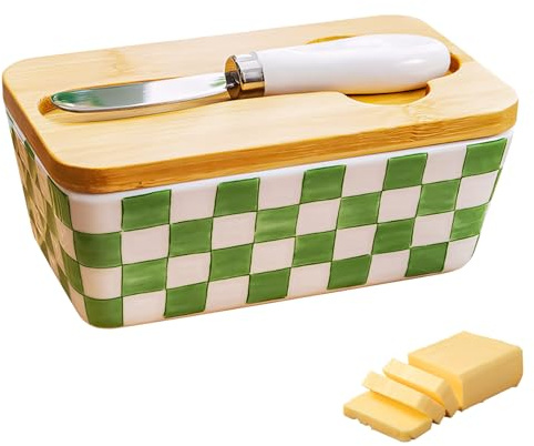 Butterdose Keramik mit Holzdeckel Dichtung und Buttermesser, Butterglocke Bunt Vintage für 300g Butter, Butterbehälter Große Butterschale Porzellan Butterbox Spülmaschinenfest (A)