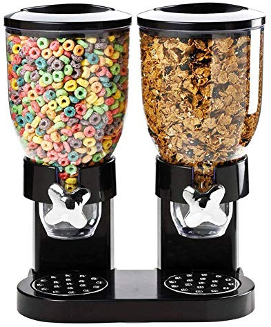 FHRKA Dispensador de Cereales Doble - Contenedor de Almacenamiento de Alimentos Secos hermético Transparente con Bandeja de derrames incorporada, para Desayuno/Mascotas