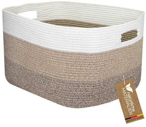 HMF Cesto para la colada XXL de algodón, cuadrado con asas, 55 x 43 x 30 cm, color blanco y marrón