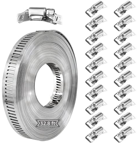 32.8 ft 304 Stainless Steel Hose Clamp Kit with 20 Heavy Duty Fasteners, Adjustable Perforated Strapping Large Hose Clamps for Pipe, Duct, Tube, Automotive Mechanical