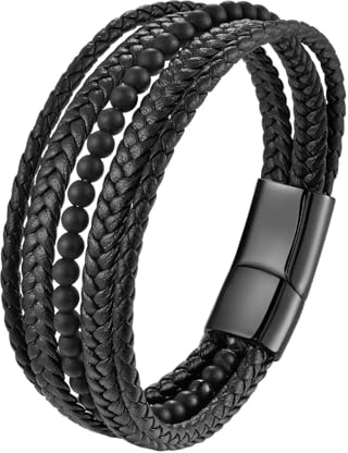 JSNOM Armband Herren Lederarmband Perlen: Geflochten Leder Weihnachten Vatertag Valentinstag Geburtstagsgeschenk Liebesgeschenke Schmuck Geschenke für Freund Ehemann Männer (Schwarz, 8.3inch)