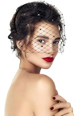 Fascinator dam svart – elegant fascinator med svart slöja mesh, hårband med slöja för bröllop, cocktail och halloween – liten fågelbur-brudhuvudbonad teparty hårsmycke