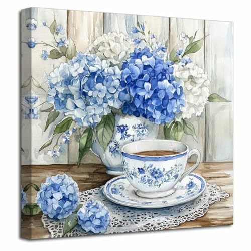 LZIMU Vintage Kitchen Canvas Wall Art Hydrangea in Tea Cup Pictures Prints Rustic Blue White Flower Paintings Watercolor Retro Poster Dining Room Restaurant Decor (Blue, (30L x 30W cm))