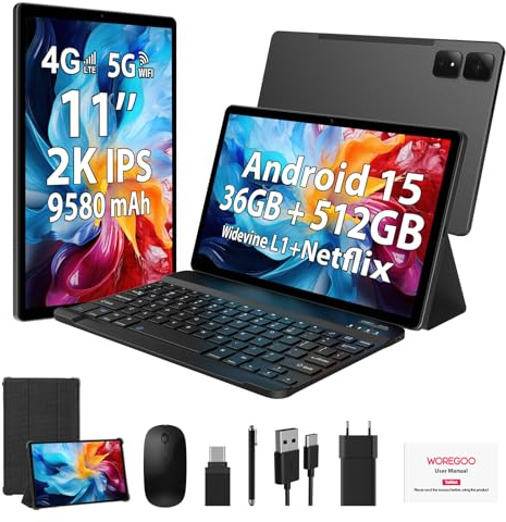 WOREGOO Tableta Android 15 de 11 Pulgadas, 4G LTE y WiFi 5G, Octa-Core, 36GB RAM+512GB ROM (1 TB TF), Widevine L1, FHD 2K 2000x1200, GMS/GPS/Cámara 8+13 MP/Batería 9580 mAh con Teclado+Ratón (Negro)