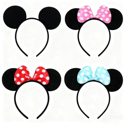 TRIXES Pack of 4 Cartoon Mouse Ears on Headband - Multicolour Satin Bow with White Polka Dots - Fancy Dress Costume Head Band Accessory