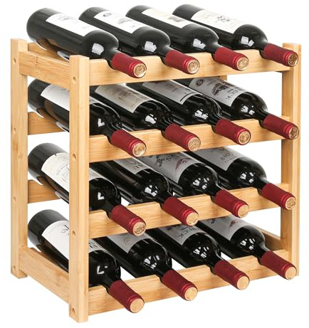 VASMIA Estante para Vino, Estantería para Vino de Bambú de 4 Niveles para Encimera, Mueble Almacenador de Vino Robusto y Duradero, Soporte para 16 Botellas para Cocina o Despensa, Natural