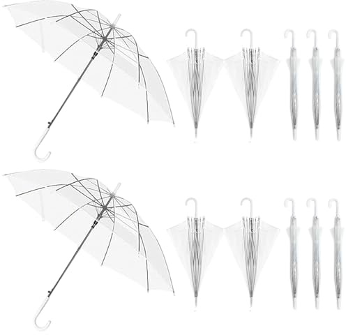 FOLLDALT Regenschirm Transparent Set, J-förmiger Griff, Großer Schirm mit Geradem Griff, Weißer Durchsichtig 12er, 95cm Windbeständiger Bubble-Regenschirm, geeignet für Hochzeiten, Fotoshootings
